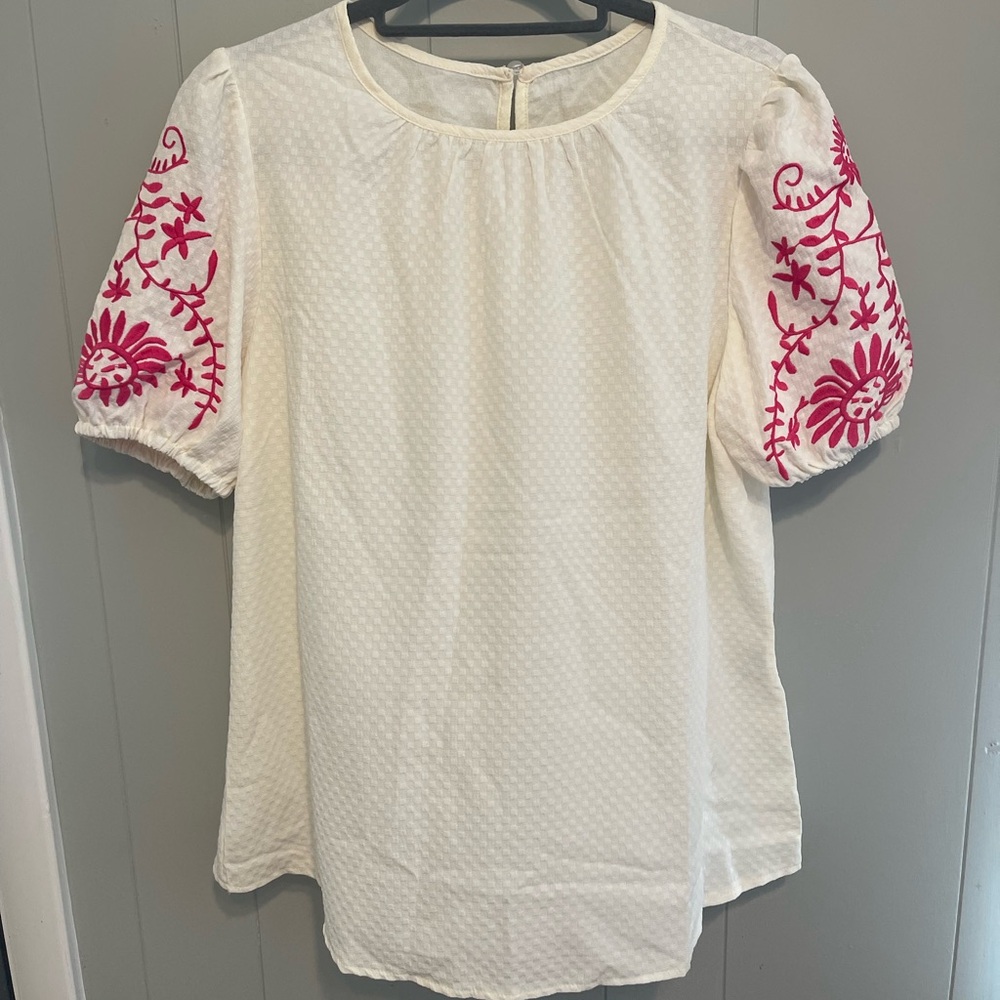 Embroidered White Top with Pink Accents